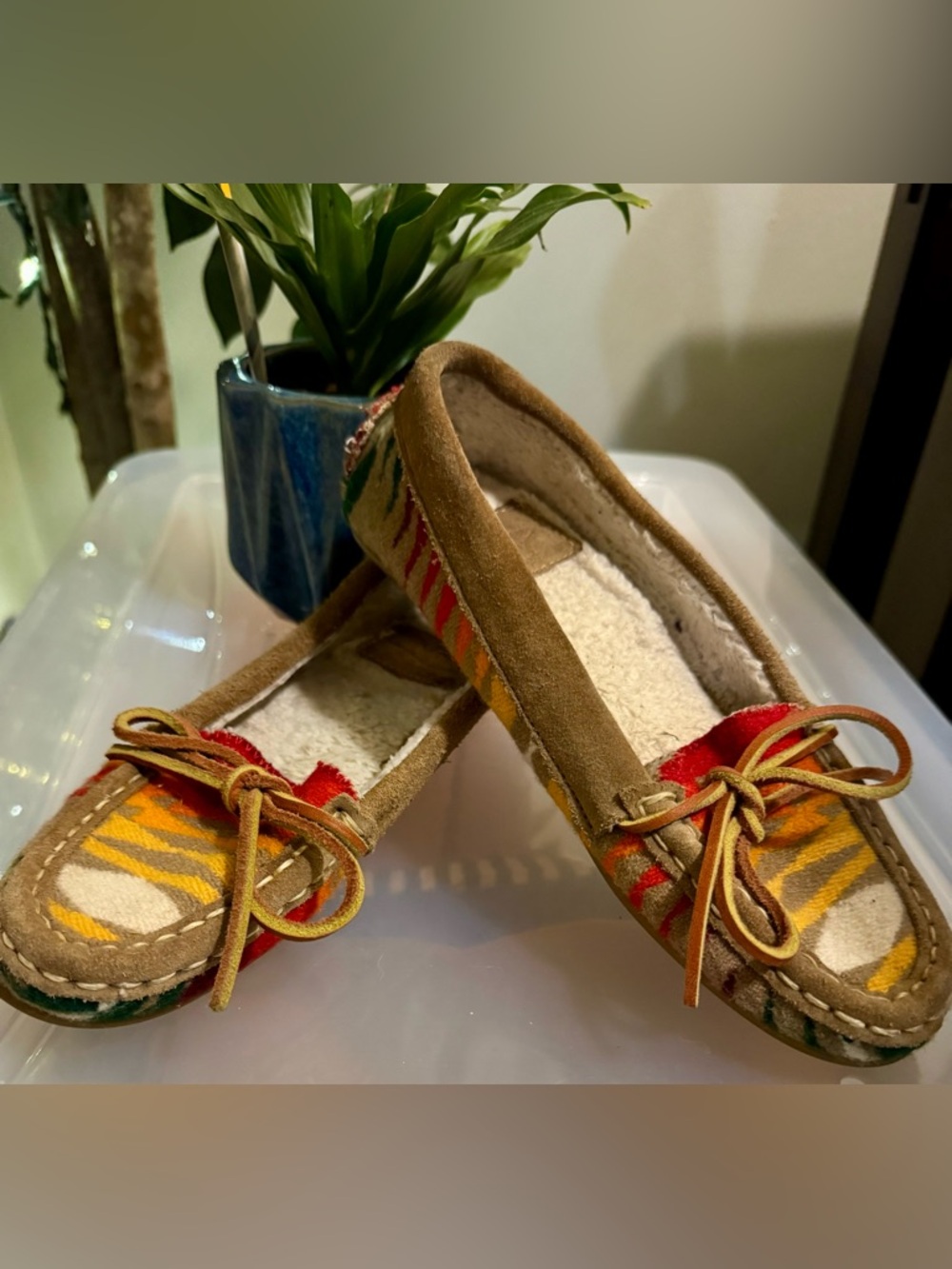 Brown Suede Moccasin Slippers with Multicolor Aztec Pattern